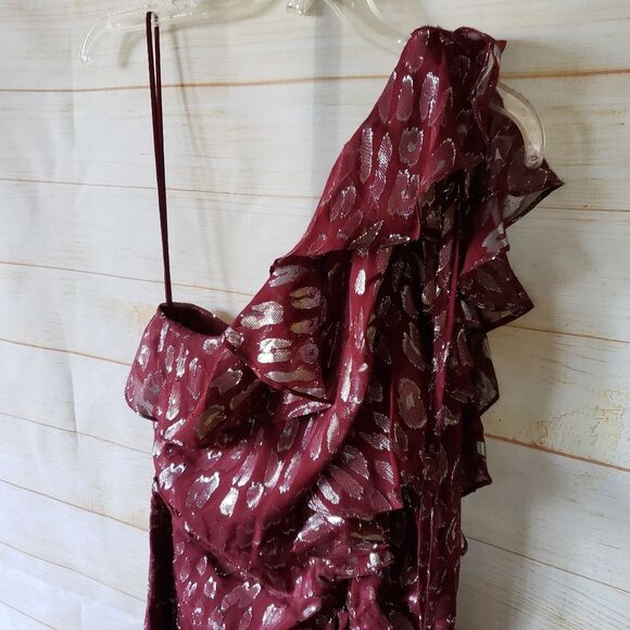 Veronica Beard Silk Metallic One Shoulder Ruffle Asymmetric Midi Dress Size 6 - Picture 3 of 10